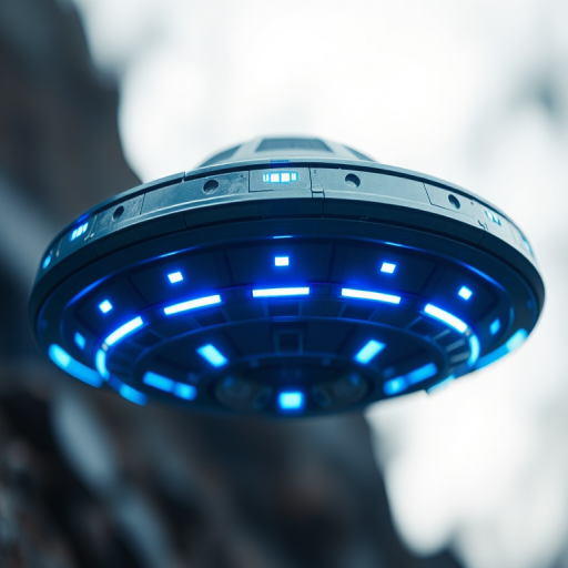 futuristic flying saucer with glowing blue accents, high dynamic range, captured with a Canon EOS R5, 24mm lens, aperture f/2.8, ISO 100, shooting in macro mode, soft focus background, positioned at a 30-degree angle.