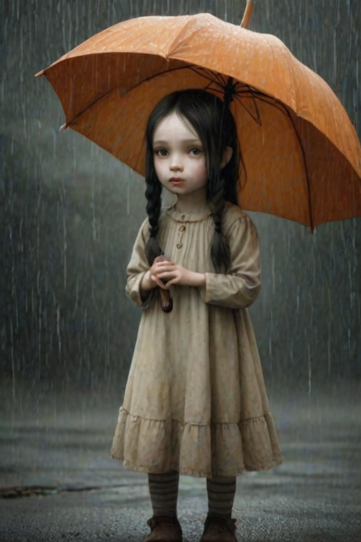 An eerie, weird little girl with dark hair in thin pigtails, wearing a smock dress, standing in the rain, holding a dirty orange umbrella, a small, odd creature beside her. In a surreal style inspired by Nicoletta Ceccoli and Brian Froud. Dark fantasy themes