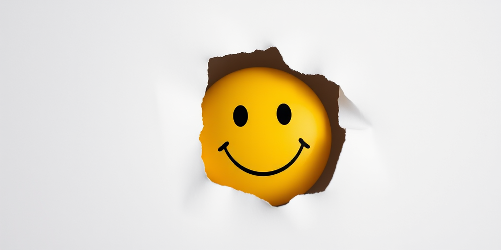 Create an image of a smiling yellow happy face peeking through a torn piece of white paper, high-resolution, 50mm lens, aperture f/2.8, ISO 100, shallow depth of field, soft diffuse lighting, captured with a DSLR camera.