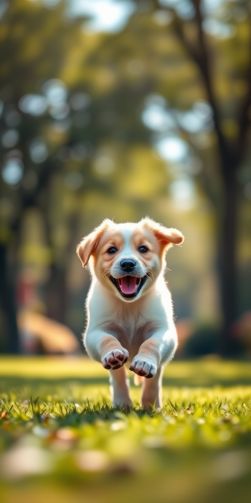 Generate a high-resolution image of a playful puppy running through a sunlit park, with a shallow depth of field, shot with a Canon EOS R5, 50mm lens at f/1.8, ISO 200, shutter speed 1/1000 sec, in vibrant colors and soft focus background to enhance the subject's sharpness.