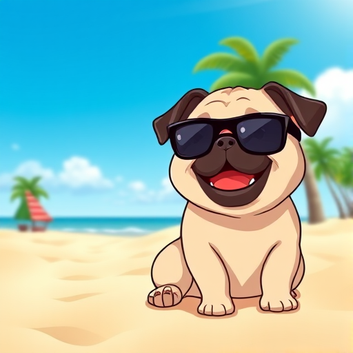 A cartoon-style illustration of a happy pug wearing sunglasses sitting on a sandy beach with palm trees under a bright blue sky, captured with a DSLR camera using a 50mm lens, aperture f/1.8, ISO 100, 1/2000s shutter speed, high dynamic range to enhance colors and details.