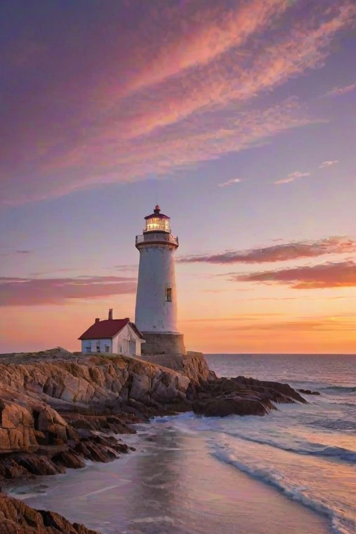 Generate an image of a tall lighthouse perched on a rocky outcrop surrounded by calm ocean waters during a breathtaking sunset. The lighthouse stands sturdy and weathered, its stone surface illuminated by the warm golden light of the setting sun. The sun's rays pass directly through the glass lantern room at the top of the lighthouse, casting a brilliant light across the scene. The sky is painted with vibrant shades of orange, pink, and purple, reflecting off the tranquil sea. The surrounding water shimmers with the same warm hues, creating a serene and majestic atmosphere.