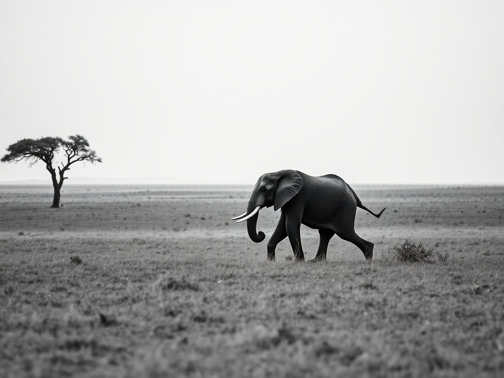 capture a majestic elephant walking across a vast savanna landscape in black and white, with a lone tree in the background, using a Canon EOS 5D Mark IV, 50mm lens, f/8 aperture, ISO 100, shutter speed 1/200s, soft natural lighting for enhanced details and contrast