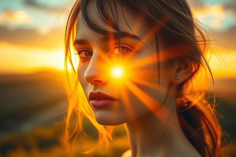 Create a surreal portrait of a woman, blending her features with a vibrant landscape, incorporating golden hour lighting, using a Canon EOS R5 with a 50mm f/1.2 lens, aperture set to f/2.8, shutter speed 1/200s, ISO 100, at a shallow depth of field, with a soft-focus background and dynamic light rays streaming from the horizon.