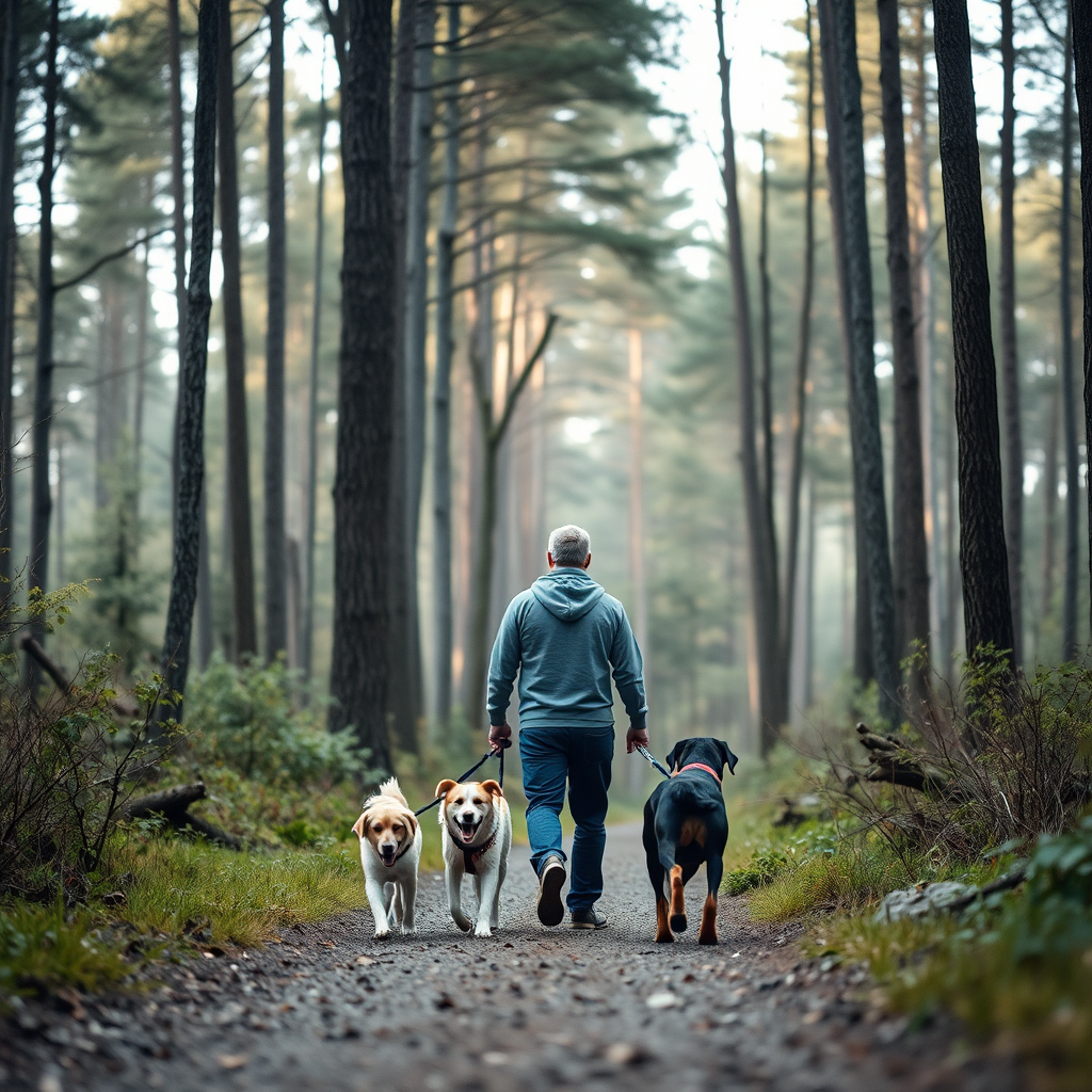 A person walking two dogs on a forest path surrounded by tall trees, captured with a DSLR camera, 35mm lens, aperture f/4, ISO 200, soft natural lighting, shallow depth of field for enhanced focus on the subject.