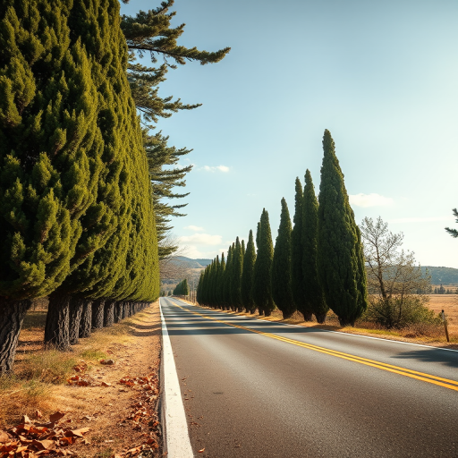 capture a scenic road lined with cypress trees on a sunny day with a wide-angle lens at f/8, ISO 100, shutter speed 1/200 sec, using a DSLR camera from a low angle perspective to enhance depth and detail