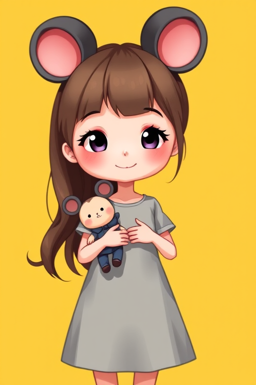create a digital illustration of a cartoon girl with mouse ears wearing a gray dress holding a doll, bright yellow background, 50mm lens, f/2.8 aperture, soft natural lighting, high-resolution digital art style