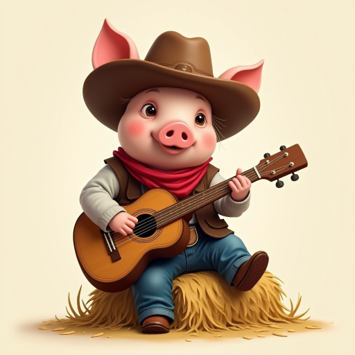 A chibi pig, dressed as a cowboy, playing guitar, sitting on a hay bale