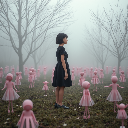 Create a surreal scene featuring a girl with short black hair in a black dress standing amidst whimsical pink doll-like figures in a misty, ethereal landscape with bare trees, captured with a Canon EOS R5, 50mm lens, f/1.8 aperture, ISO 200, in soft focus to enhance the dreamlike quality.