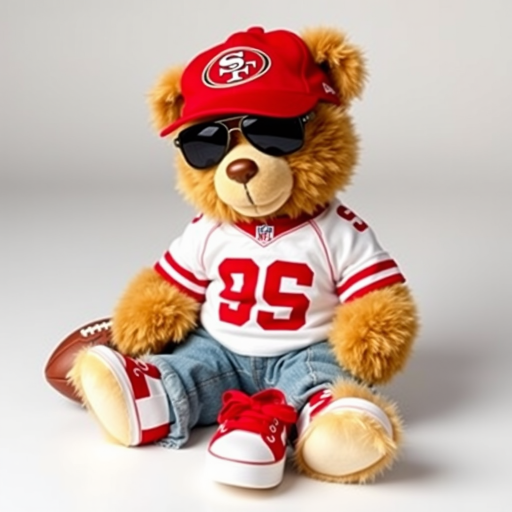 A cute and fluffy teddy bear dressed in a San Francisco 49ers-themed outfit, wearing a red cap with the 49ers logo, aviator sunglasses, and a white football jersey with red accents. The bear is also wearing casual jeans and red and white sneakers, while sitting in a relaxed pose with a football beside it. The teddy bear has a cool, laid-back attitude, with a sporty vibe. The background is clean and minimal, highlighting the bear as the main focus.
