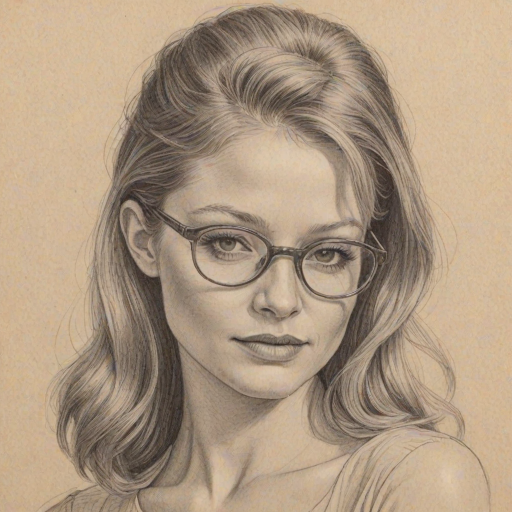 Enticing Emilie de Ravin, pencil sketch, portrait of Bewitching woman 1964s in glasses, hair style beatnik, outline, clear lines, fine lines, 8k