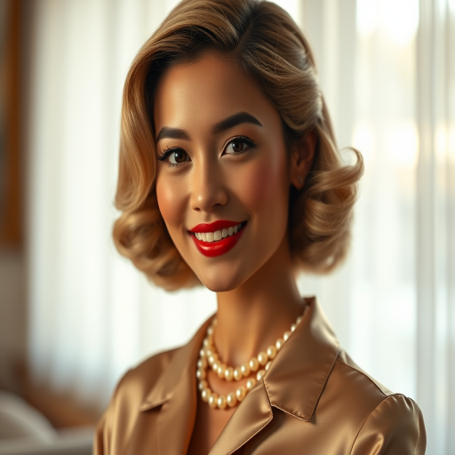 A beautiful Thai woman reminiscent of 1950s Hollywood glamour, with perfectly styled blonde hair and a seductive smile, dressed in a satin blouse and adorned with pearls, soft and warm tones, photorealistic, 8K