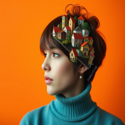 Generate a surreal portrait of a person with a landscape of stylized houses integrated into their hair, set against an orange gradient background, using a Canon EOS R5 with a 50mm f/1.2 lens, shot in soft natural light from the side, at ISO 100, aperture f/8, and shutter speed 1/200s for enhanced depth and detail.