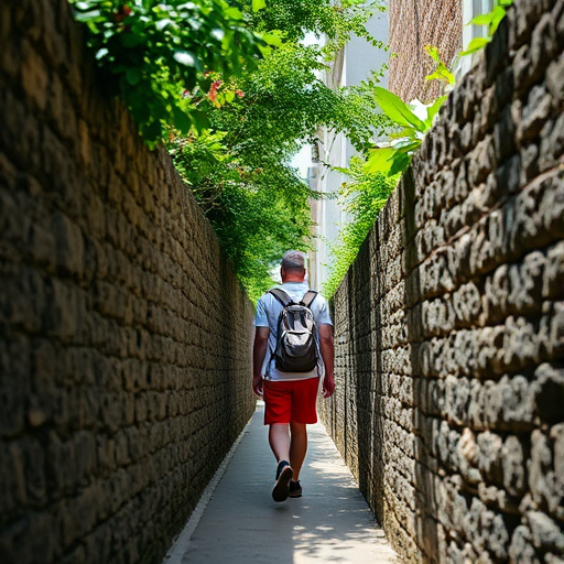 a narrow path surrounded by high stone walls and overhanging greenery, a person walking in red shorts and a backpack, natural light, shallow depth of field, aperture f/2.8, ISO 200, 35mm lens, shot from eye level, DSLR camera, vivid colors