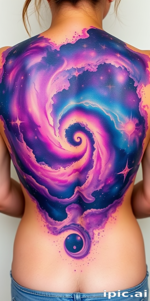 Dreamy watercolor galaxy tattoo with swirling nebulas and twinkling stars, blending vibrant purples and blues seamlessly into the skin, covering the entire back in a cosmic masterpiece