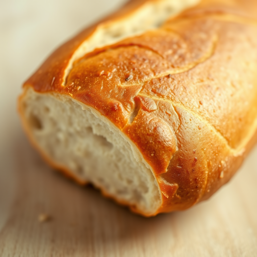 A detailed close-up illustration of a freshly baked baguette with a golden-brown crust and visible score lines, shot with a Canon EOS 5D Mark IV, ISO 100, f/8 aperture, 50mm lens, natural light, soft focus background for enhanced depth.