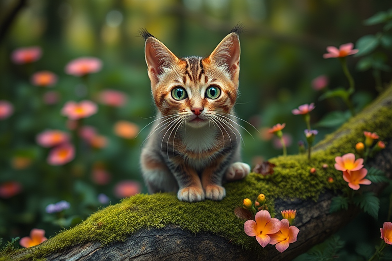 Create a hyper-realistic image of a whimsical cat with large green eyes sitting on a mossy branch surrounded by vibrant flowers in a lush forest setting, using a DSLR camera with a 50mm lens, f/1.8 aperture, ISO 100, and a shallow depth of field to enhance details and colors.