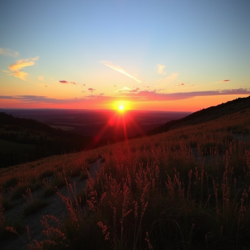 Generate a high-quality image of a serene landscape during sunset with vibrant colors, using a DSLR camera, aperture f/8, ISO 200, shutter speed 1/125 sec, in landscape orientation, with a focus on depth of field and natural lighting.