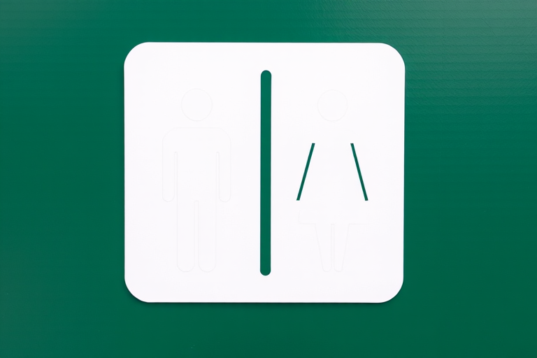 create a restroom sign featuring a simplified design of a male and female silhouette, green background, shot with a DSLR camera at f/8 aperture, ISO 200, 50mm lens, standard view, natural lighting to enhance clarity and quality