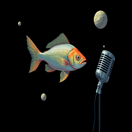 A surreal illustration of a fish swimming in space with a microphone nearby, high contrast black background, digital art style, Canon EOS R5, f/2.8, 50mm lens, ISO 100, soft lighting for enhanced details.