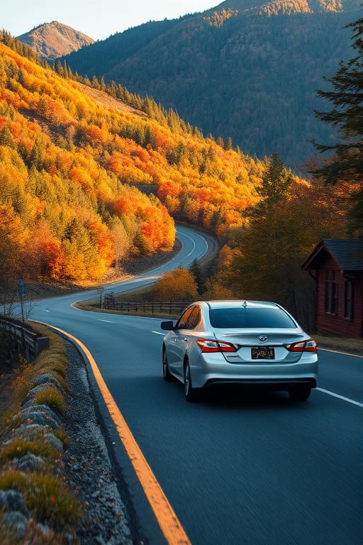 Capture a silver sedan cruising along a winding mountain road with vibrant autumn foliage in the background, using a DSLR camera, 35mm lens, aperture f/4, shutter speed 1/200s, ISO 100, shot in landscape orientation for enhanced detail and clarity.