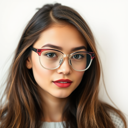 Portrait of a young woman wearing stylish transparent glasses, soft lighting, neutral white background, 50mm lens, aperture f/2.8, ISO 200, natural light, DSLR camera.