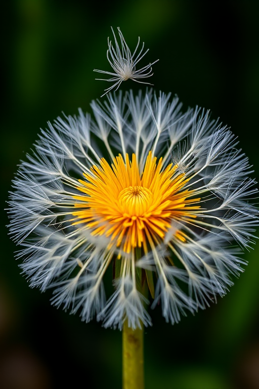 Dandelion with yellow center and white seeds blowing away, dark green background, macro view, using a DSLR camera, f/2.8 aperture, 1/200 sec shutter speed, ISO 100, natural lighting.