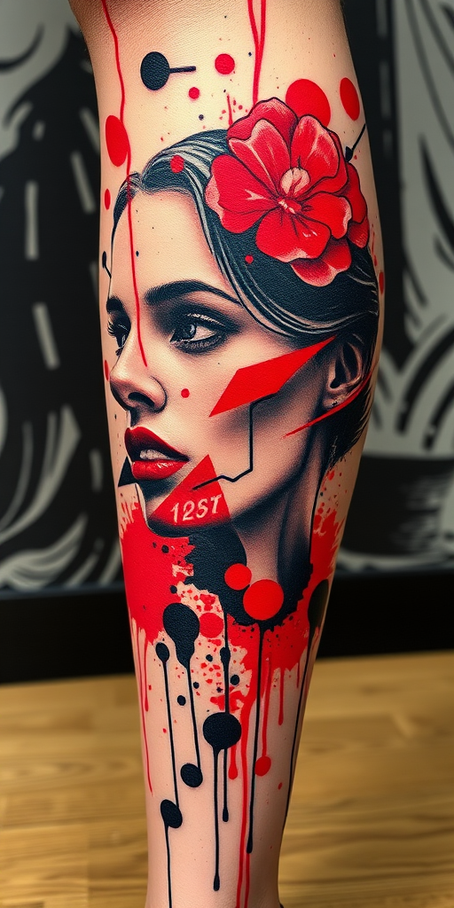 Bold trash polka tattoo on the calf, combining realistic elements with abstract shapes and splatters in a striking red and black color palette, creating a chaotic yet harmonious composition