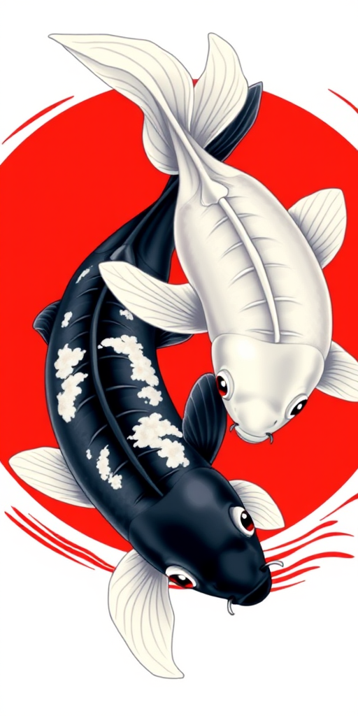 Generate a high-resolution illustration of two koi fish, one black and one white, intertwined against a bold red circular background with subtle wave patterns, employing a digital art style, using a 50mm lens at f/8, with a vibrant color palette and sharp contrast for clarity.