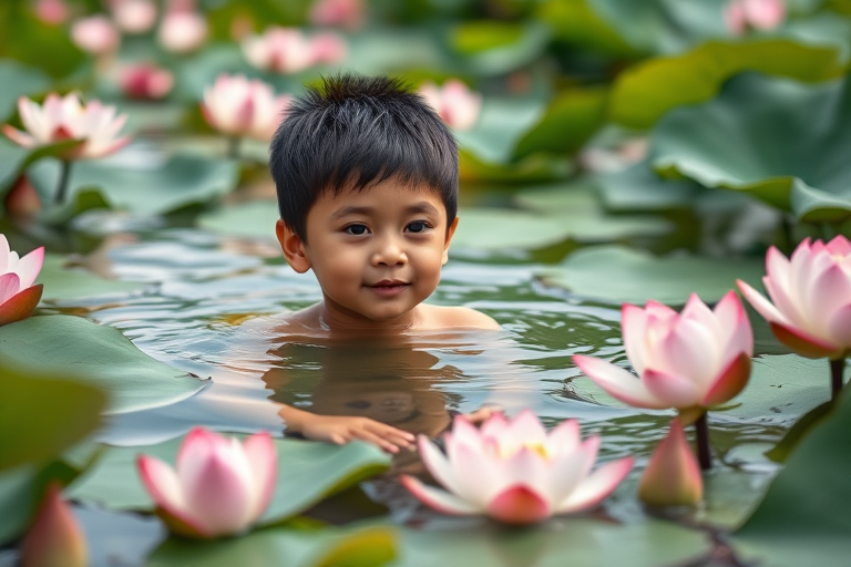 A young boy swimming in a serene waterway surrounded by blooming lotus flowers, with lush green leaves, captured in soft focus, using a DSLR camera with a 50mm lens, aperture f/2.8, ISO 200, shutter speed 1/250 sec, natural light, shallow depth of field.