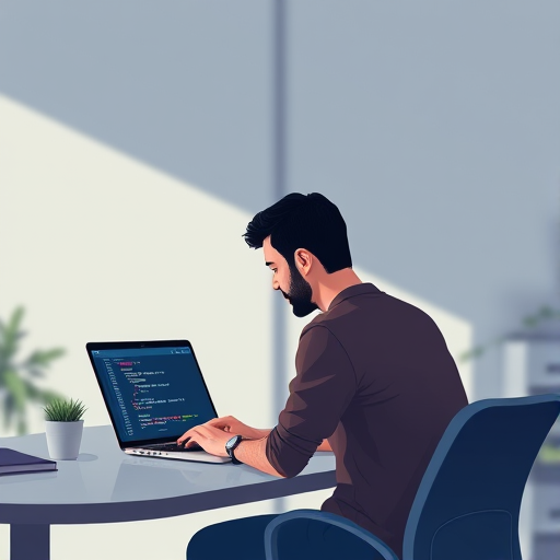 Create a digital illustration of a man sitting at a desk working on a laptop with a code editor displayed on the screen, use a soft-focus background with a modern, minimalistic aesthetic, shot with a DSLR camera at f/2.8 aperture, ISO 200, focal length 50mm, in natural light.