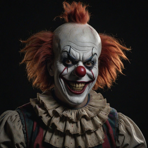 Create a hyper-realistic, dark, and eerie clown with a sinister smile, set against a black background. The clown should have exaggerated makeup with sharp, contrasting colors to enhance its menacing appearance. The overall atmosphere should be unsettling and intense, capturing a sense of horror and suspense