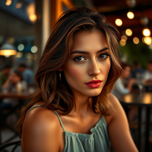 photo of young [woman:Ana de Armas:0.4], highlight hair, sitting outside restaurant, wearing dress, rim lighting, studio lighting, looking at the camera, dslr, ultra quality, sharp focus, tack sharp, dof, film grain, Fujifilm XT3, crystal clear, 8K UHD, highly detailed glossy eyes, high detailed skin, skin pores