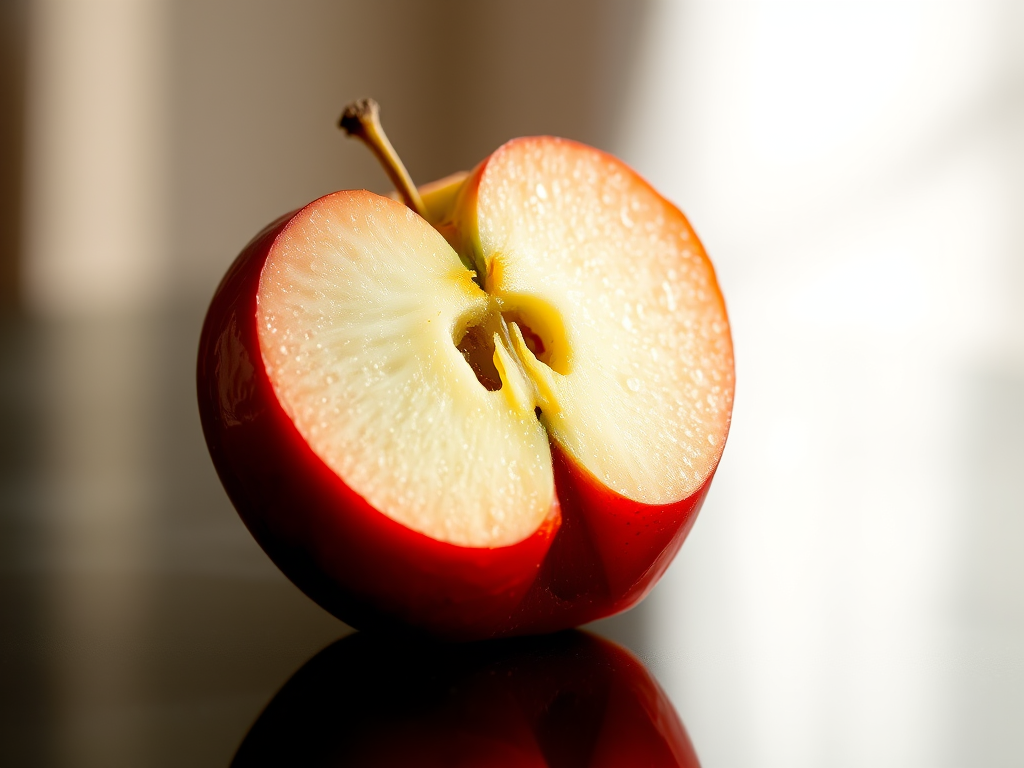 close-up shot of a partially sliced red apple on a black reflective surface with soft diffused lighting, ISO 100, f/3.5, 1/200s, macro lens, DSLR camera