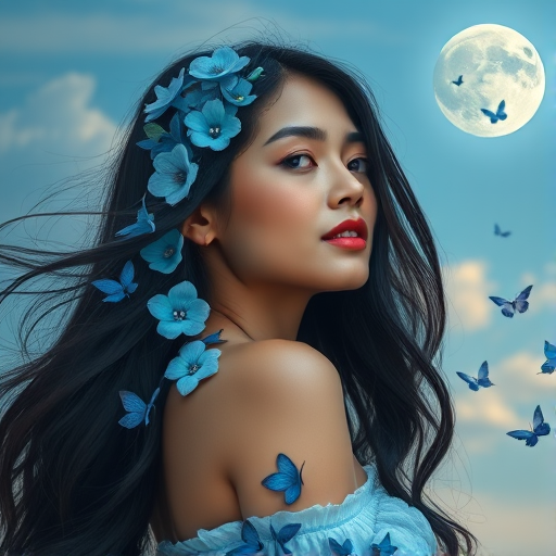 Generate a high-resolution portrait of a beautiful woman with long flowing dark hair adorned with blue flowers, set against a moonlit sky with soft clouds and butterflies, using a Canon EOS R5 camera, 85mm lens, f/1.8 aperture, ISO 100, and a low-angle shot to capture depth and detail.
