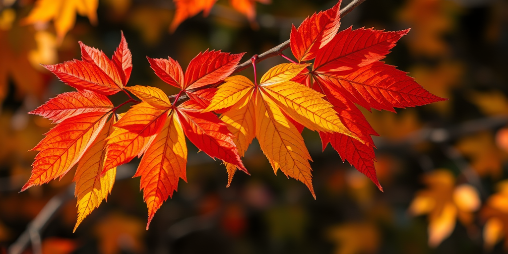 Create a vibrant illustration of autumn leaves in various shades of red, orange, and yellow on a branch, focus on detail and texture, shot with a Canon EOS R5, 50mm lens, f/2.8 aperture, ISO 100, natural light, top-down view, and high dynamic range for enhanced color saturation.