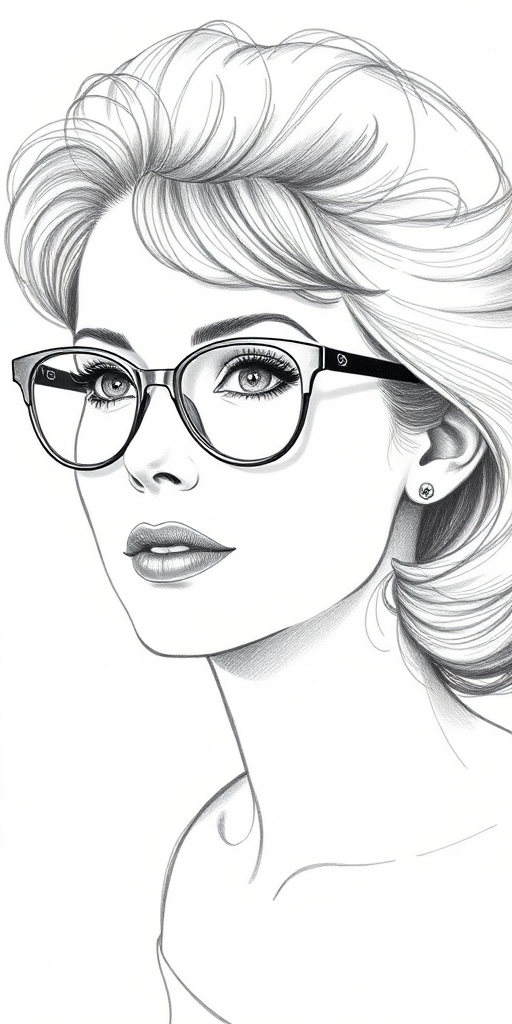 Beautiful Sigourney Weaver, pencil sketch, portrait of beautiful woman 60s in glasses, hair style beatnik, outline, clear lines, fine lines, 8k