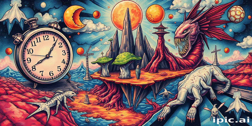 Surrealist tattoo named "Dreamscape Fusion" depicting a seamless blend of contrasting elements such as melting clocks floating islands and morphing creatures in a mind-bending technicolor landscape