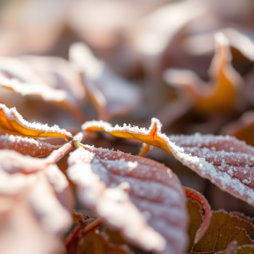 close-up of frost-covered autumn leaves in soft focus, shallow depth of field, natural sunlight, 50mm f/1.8 lens, ISO 200, shutter speed 1/200 sec, macro photography, DSLR camera, vibrant colors and detailed textures