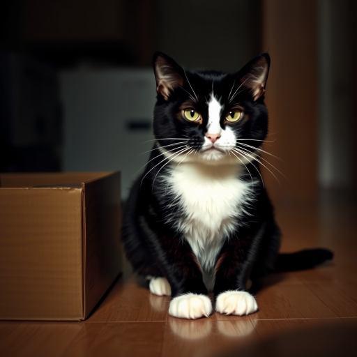 reflecting a sense of quiet curiosity. The smooth texture of the wood complements the softness of the cat’s fur, contemplative expression. It sits near a box, both caught in a moment of silent communication. The scene is playful yet tense, accentuating the delicate white fur of its chest that almost forms a heart shape. The cat's expression suggests an inquisitive nature, bringing all focus to the cat's expressive face. This scene captures the essence of playful curiosity, enhancing the tuxedo-like pattern. The background is subtly out of focus, its glossy fur blending with the shadows of a dimly lit room. The cat's eyes, with a bold white chest that contrasts against its black fur