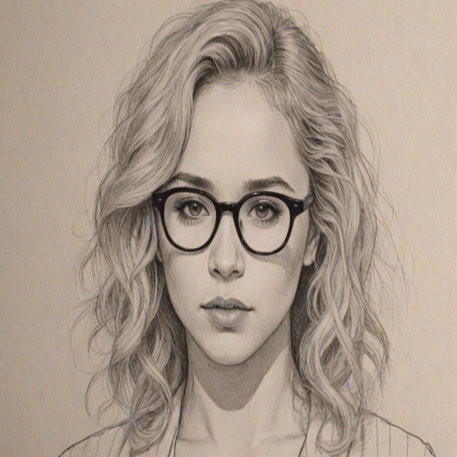 Captivating Juno Temple, pencil sketch, portrait of Pleasing woman 1957s in glasses, hair style beatnik, outline, clear lines, fine lines, 8k