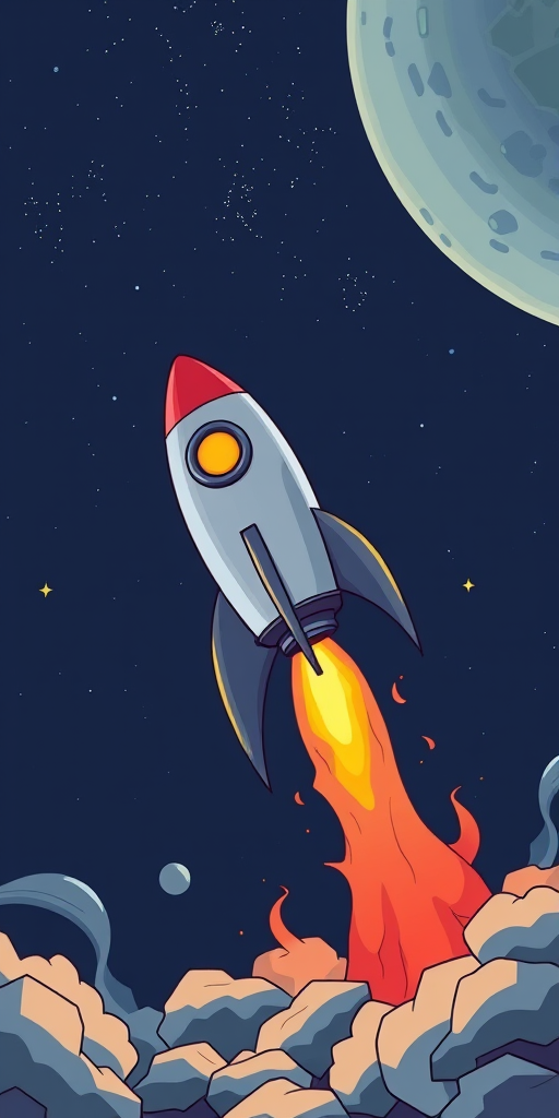 Create a detailed illustration of a cartoon rocket launching into space with vibrant orange and red flames, using a digital drawing tablet, shot from a low-angle perspective, at 300 DPI for high resolution.