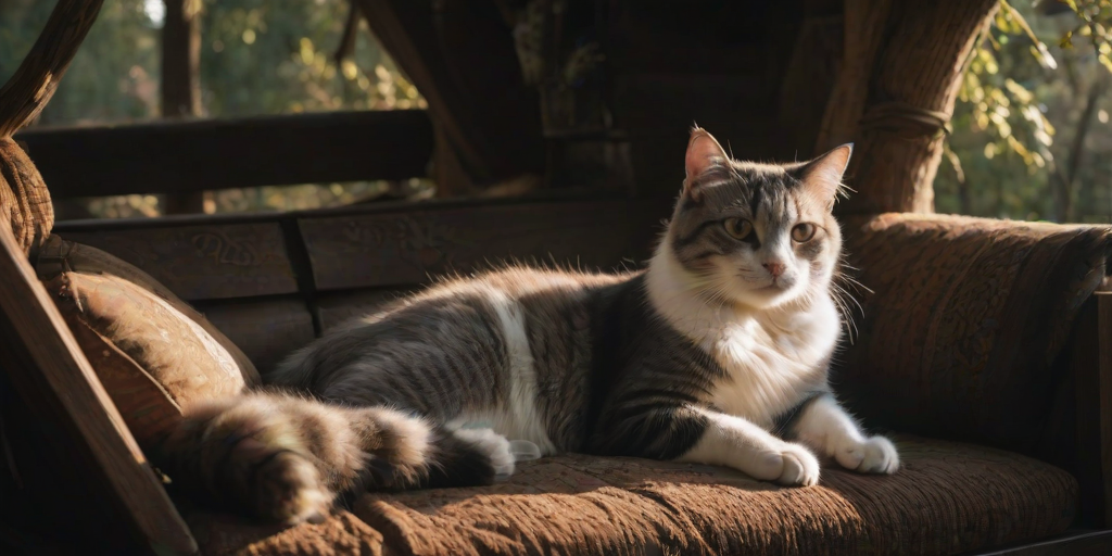 solo, furry, cat, hybrid, curvy, laying in a sofa, tree house, sunny, medieval fantasy, wearing dress, low light, depth of field, highly detailed, high contrast, film grain, Rim Lighting, Long Exposure, DSLR