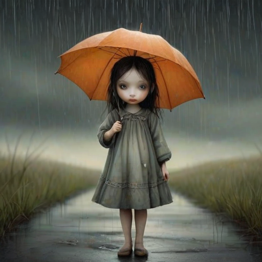 An eerie, weird little girl with dark hair in thin pigtails, wearing a smock dress, standing in the rain, holding a dirty orange umbrella, a small, odd creature beside her. In a surreal style inspired by Nicoletta Ceccoli and Brian Froud. Dark fantasy themes
