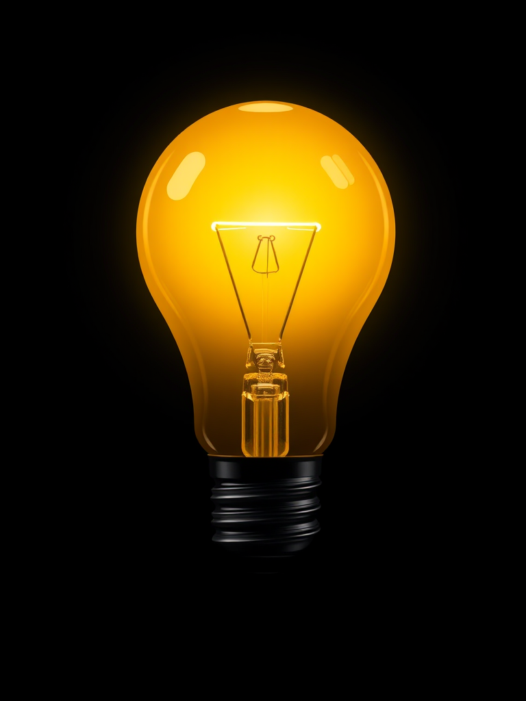create an illustration of a yellow light bulb on a black background, use a DSLR camera with a 50mm lens, aperture f/1.8, ISO 100, and a soft focus style to enhance image quality