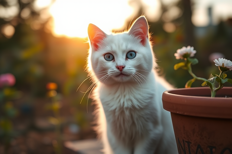 A close-up shot of a white cat with blue eyes sitting beside a flower pot in a garden during the golden hour, aperture f/2.8, shutter speed 1/200 sec, ISO 400, using a DSLR camera with a 50mm lens, shallow depth of field for a soft background focus.