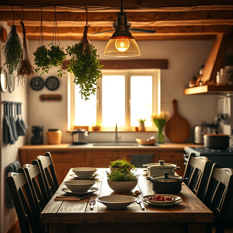 Warmly lit photo of a rustic kitchen with hanging herbs, soft light illuminating pots and pans, and a wooden table set for a family meal.
