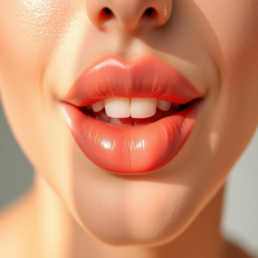 Radiant peach lips with a dewy finish, exuding a fresh and youthful glow, photographed in soft, natural light to enhance the healthy and vibrant appearance