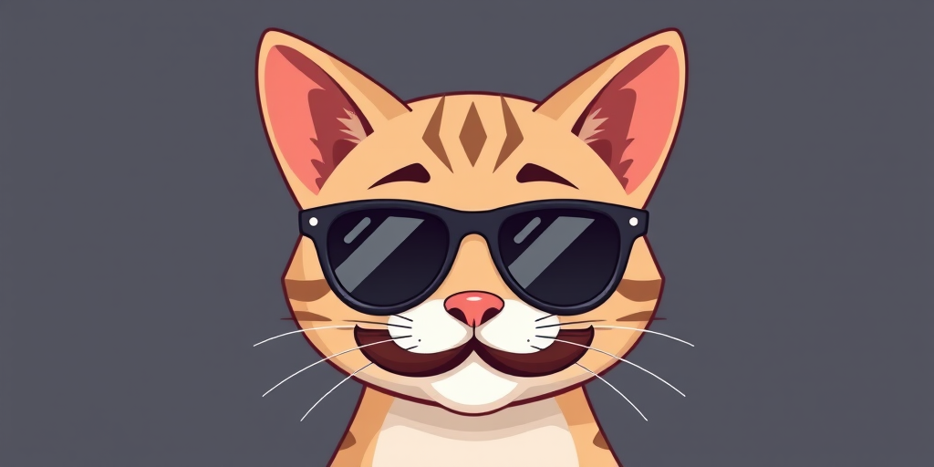 Create a vector illustration of a cartoon cat wearing oversized sunglasses and a playful mustache, high resolution, 300 DPI, flat design style, 50mm lens, soft lighting, studio shot.
