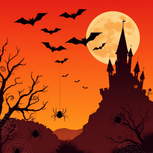 Create a spooky Halloween scene featuring a gradient sky transitioning from orange to dark red with silhouettes of bats flying. Include a large full moon and a creepy castle on one side, with spider webs and cartoonish spiders hanging in the foreground. Add some splashes of color to give a textured look to the background.